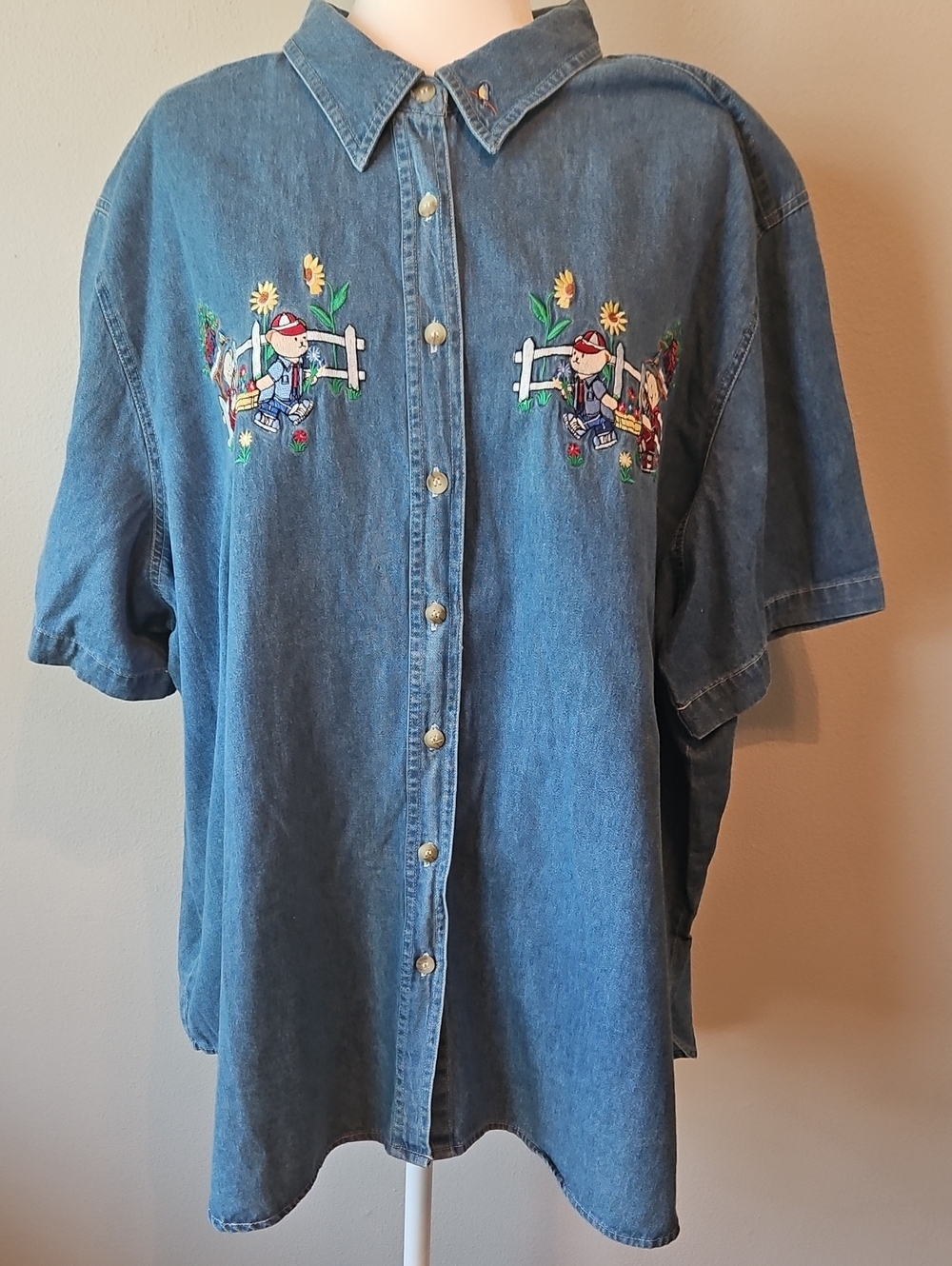 Just My Size Blue Denim Button-Front Shirt with Embroidered Bears Motifs